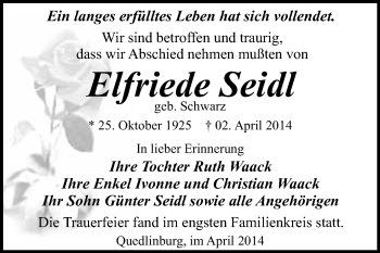 Traueranzeige von Elfriede Seidl von WVG - Wochenspiegel Quedlinburg