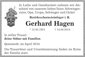 Traueranzeige von Gerhard Hagen von Wochenspiegel Mansfelder Land