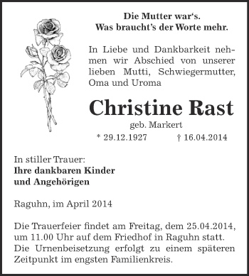 Traueranzeige von Christine Rast von WVG - Wochenspiegel Bitterfeld