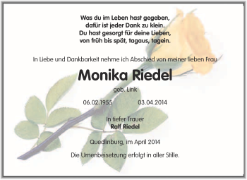 Traueranzeige von Monika Riedel von WVG - Wochenspiegel Quedlinburg