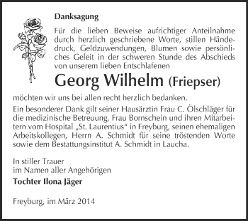 Traueranzeige von Georg Wilhelm von WVG - Wochenspiegel NMB / WSF / ZTZ