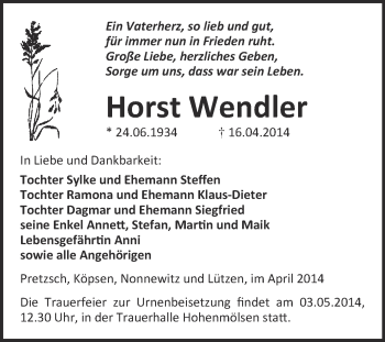 Traueranzeige von Horst Wendler von WVG - Wochenspiegel NMB / WSF / ZTZ