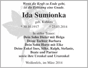 Traueranzeige von Ida Sumionka von WVG - Wochenspiegel NMB / WSF / ZTZ
