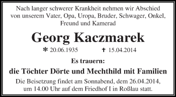 Traueranzeige von Georg Kaczmarek von WVG - Wochenspiegel Dessau / Köthen
