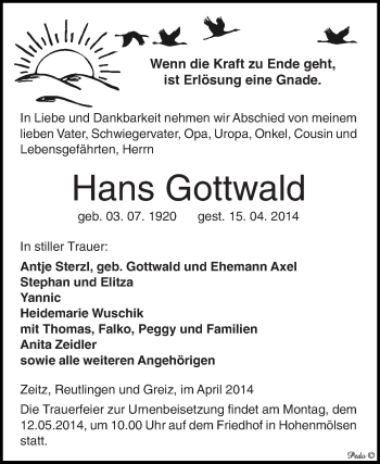 Traueranzeige von Hans Gottwald von Super Sonntag Zeitz