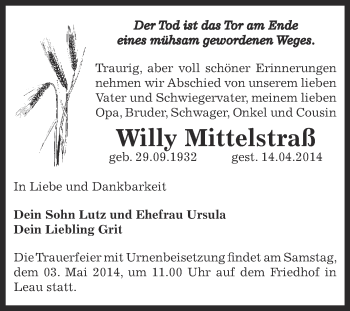 Traueranzeige von Willy Mittelstraß von Super Sonntag Bernburg