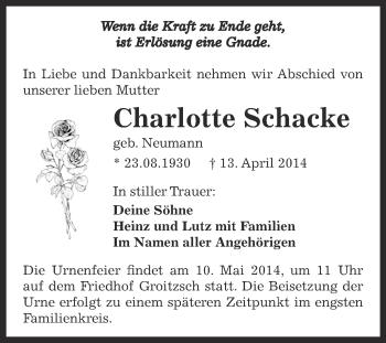 Traueranzeige von Charlotte Schacke von Super Sonntag Zeitz