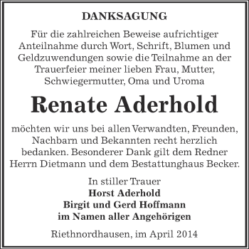 Traueranzeige von Renate Aderhold von Super Sonntag SGH Mansf. Land
