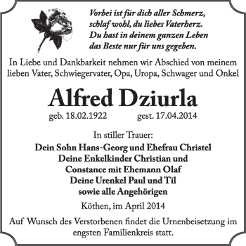 Traueranzeige von Alfred Dziurla von Super Sonntag Dessau / Köthen