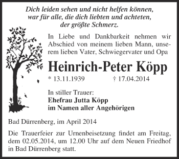 Traueranzeige von Heinrich-Peter Köpp von Super Sonntag Merseburg