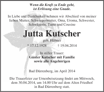 Traueranzeige von Jutta Kutscher von Super Sonntag Merseburg