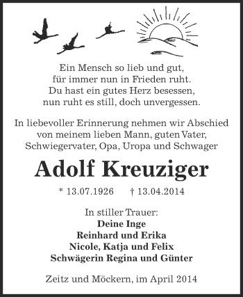 Traueranzeige von Adolf Kreuziger von Super Sonntag Zeitz