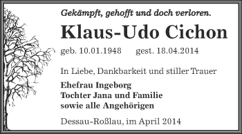 Traueranzeige von Klaus-Udo Cichon von WVG - Wochenspiegel Bitterfeld