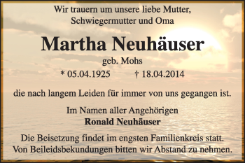 Traueranzeige von Martha Neuhäuser von Super Sonntag Dessau / Köthen