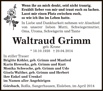 Traueranzeige von Waltraud Grimm von Super Sonntag SGH Mansf. Land