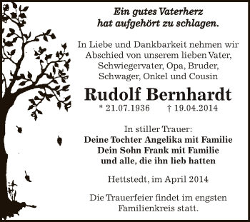 Traueranzeige von Rudolf Bernhardt von Super Sonntag SGH Mansf. Land
