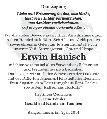 Traueranzeige von Erwin Hanisch von Super Sonntag SGH Mansf. Land