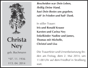 Traueranzeige von Christa Ney von WVG - Wochenspiegel Quedlinburg