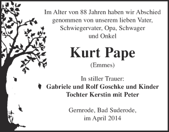 Traueranzeige von Kurt Pape von WVG - Wochenspiegel Quedlinburg
