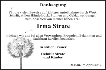 Traueranzeige von Irma Strate von Super Sonntag Dessau / Köthen