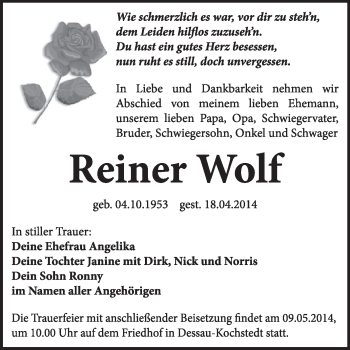 Traueranzeige von Reiner Wolf von Super Sonntag Dessau / Köthen