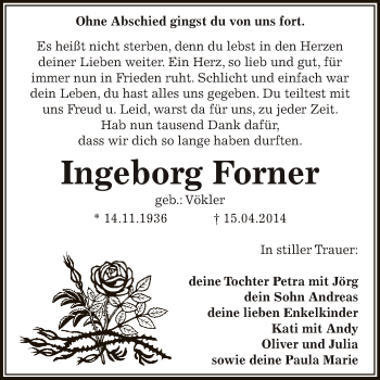 Traueranzeige von Ingeborg Forner von Super Sonntag Zeitz