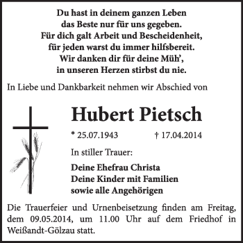 Traueranzeige von Hubert Pietsch von Super Sonntag Dessau / Köthen