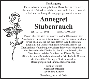 Traueranzeige von Annegret Stubenrauch von WVG - Wochenspiegel NMB / WSF / ZTZ