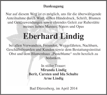 Traueranzeige von Eberhard Lindig von Super Sonntag Merseburg