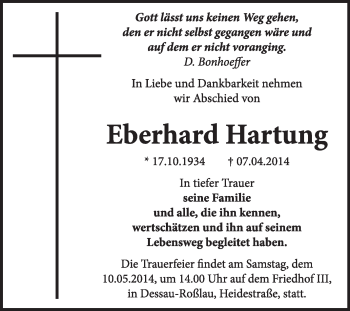Traueranzeige von Eberhard Hartung von Super Sonntag Dessau / Köthen