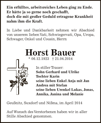 Traueranzeige von Horst Bauer von Super Sonntag Zeitz