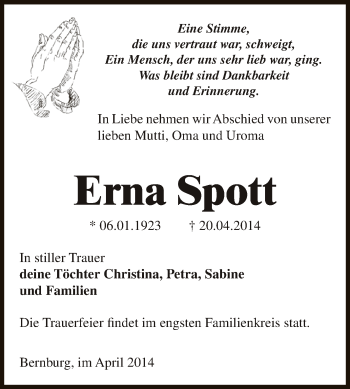 Traueranzeige von Erna Spott von Super Sonntag Bernburg