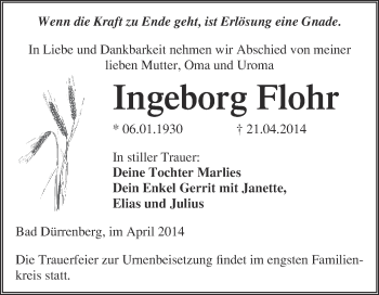 Traueranzeige von Ingeborg Flohr von Super Sonntag Merseburg