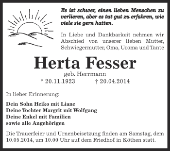 Traueranzeige von Herta Fesser von WVG - Wochenspiegel Dessau / Köthen