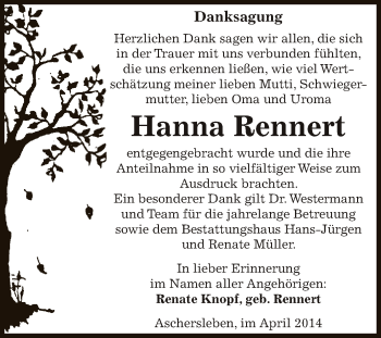 Traueranzeige von Hanna Rennert von Super Sonntag Aschersleben