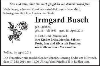 Traueranzeige von Irmgard Busch von Super Sonntag Dessau / Köthen