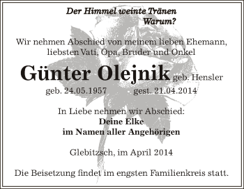 Traueranzeige von Günter Olejnik von WVG - Wochenspiegel Bitterfeld