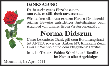 Traueranzeige von Norma Didszun von Super Sonntag Zeitz