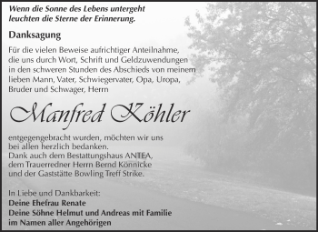 Traueranzeige von Manfred Köhler von Super Sonntag Zeitz