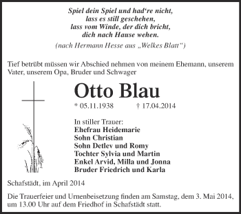 Traueranzeige von Otto Blau von WVG - Wochenspiegel Merseburg