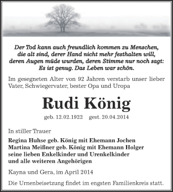 Traueranzeige von Rudi König von Super Sonntag Zeitz