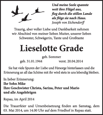 Traueranzeige von Liselotte Grade von Super Sonntag Dessau / Köthen
