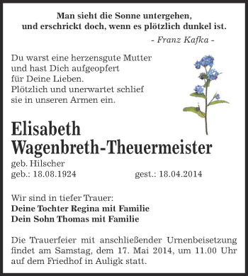 Traueranzeige von Elisabeth Wagenbreth-Theuermeister von Super Sonntag Zeitz