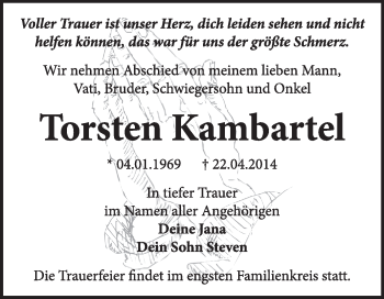 Traueranzeige von Torsten Kambartel von Super Sonntag Dessau / Köthen