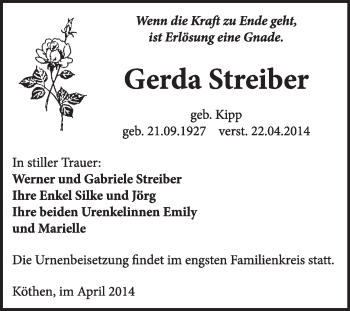 Traueranzeige von Gerda Streiber von Super Sonntag Dessau / Köthen