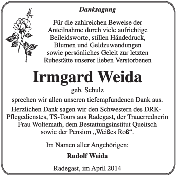 Traueranzeige von Irmgard Weida von Super Sonntag Dessau / Köthen