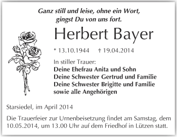 Traueranzeige von Herbert Bayer von Super Sonntag Merseburg