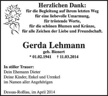 Traueranzeige von Gerda Lehmann von Super Sonntag Dessau / Köthen