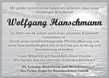 Traueranzeige von Wolfgang Hanschmann von Super Sonntag Zeitz