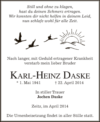 Traueranzeige von Karl-Heinz Daske von Super Sonntag Zeitz
